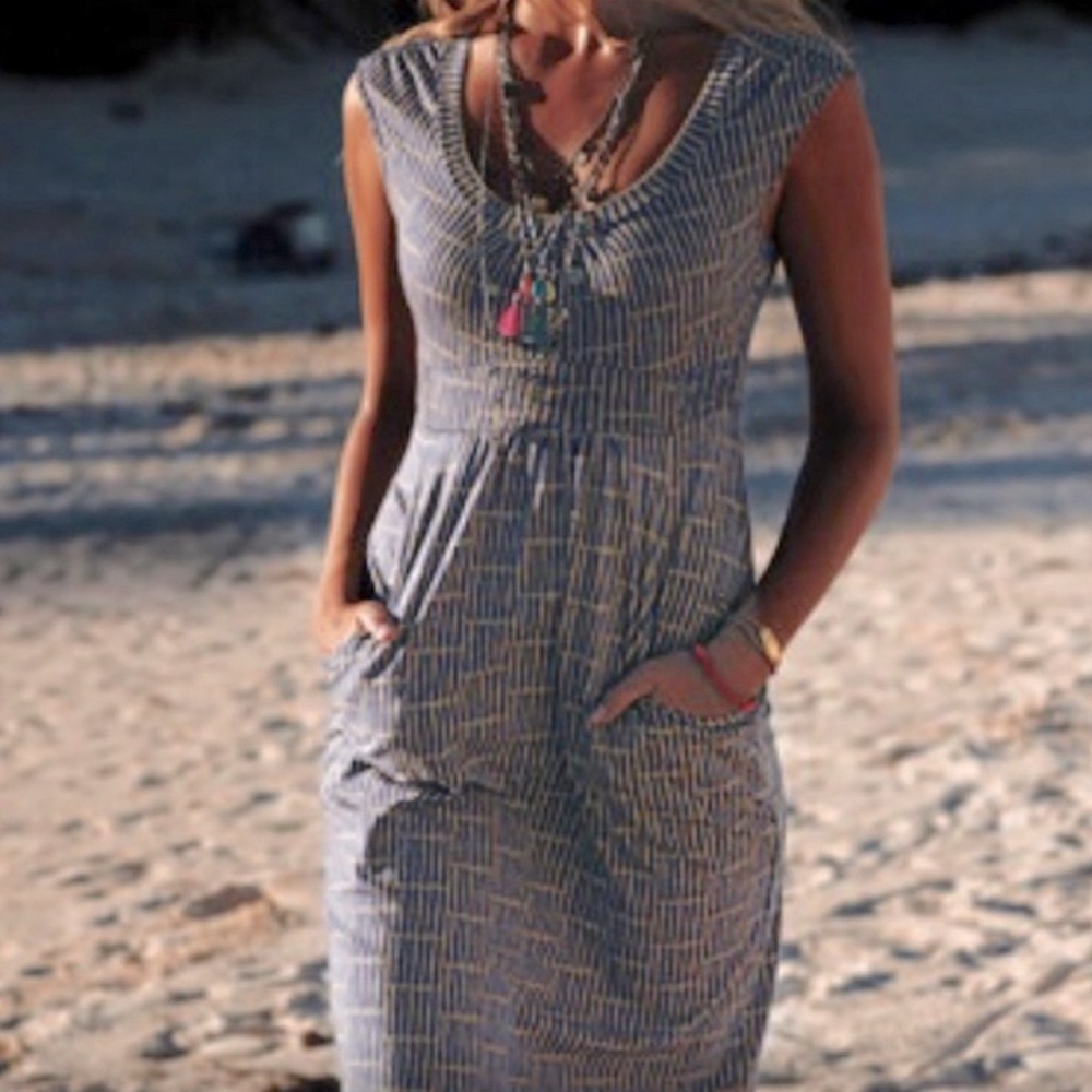Boden tan and blue Smocked Midi Sundress